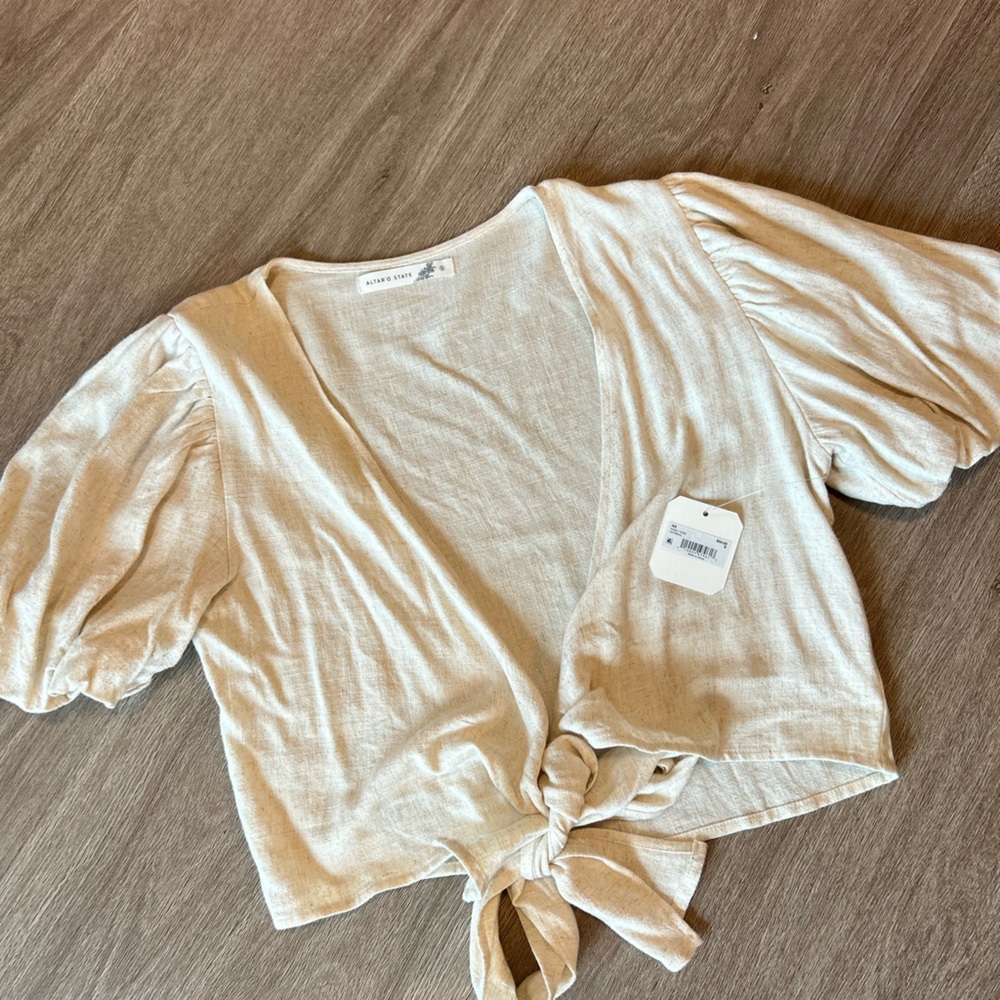 Altar'd State Cream Wrap Linen Blouse